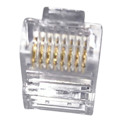 A clear RJ45 Ethernet connector with gold-plated pins, isolated on a white background.