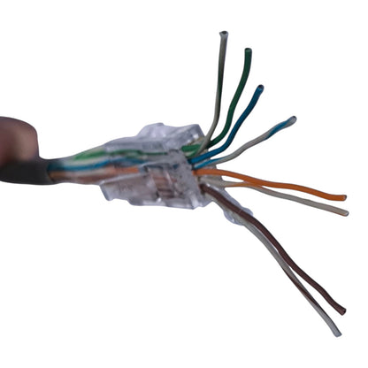 A close-up of a RJ45 Ethernet connector showing the internal twisted pair cables with eight colored wires exposed against a white background.
