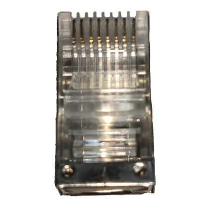 A clear plastic RJ45 Ethernet connector with gold-plated pins, isolated on a white background.