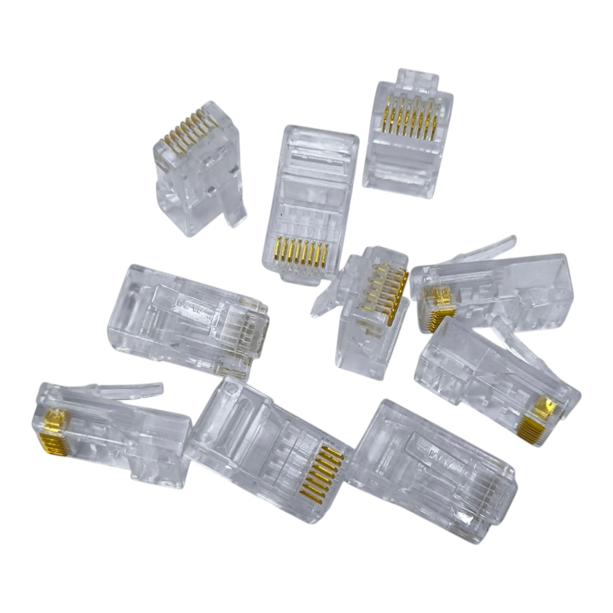 Nine clear RJ45 Ethernet network connectors with gold-plated pins, arranged on a plain white background.