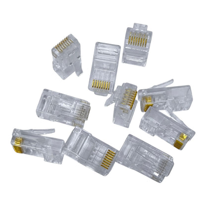 Nine clear RJ45 Ethernet network connectors with gold-plated pins, arranged on a plain white background.