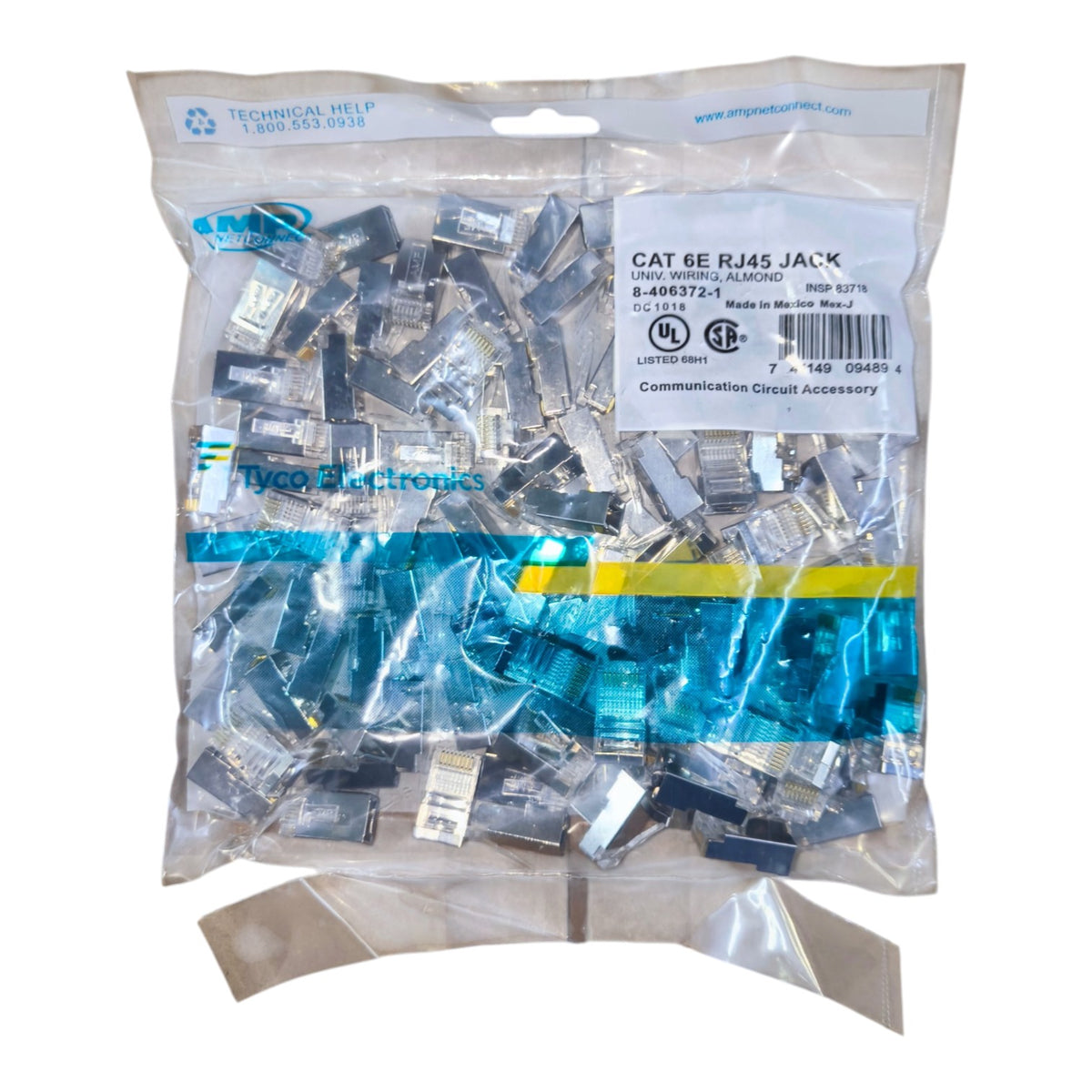 A clear plastic bag filled with Tyco Electronics CAT 6E RJ45 Jacks, showing the transparent plastic connectors inside, with a white product label on the front.