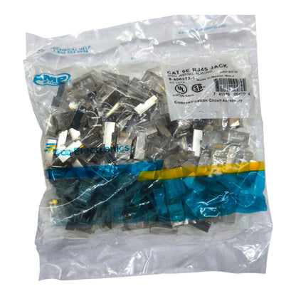 A clear plastic bag filled with CAT 5e RJ45 jack connectors, with a white label showing product details and a blue 'Topsidelectronics' logo on the left.