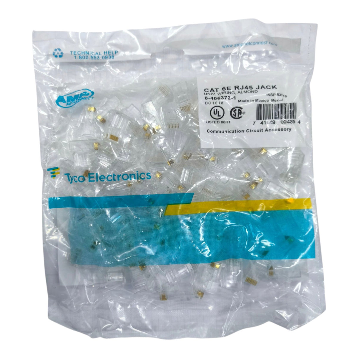 A clear plastic bag containing many small clear and gold electronic connectors, with a white product label reading CAT 6E RJ45 JACK and Tyco Electronics branding.