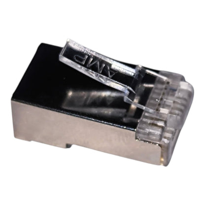 RJ45 network ethernet connector with a clear plastic cover and a black metal base, shown on a white background.