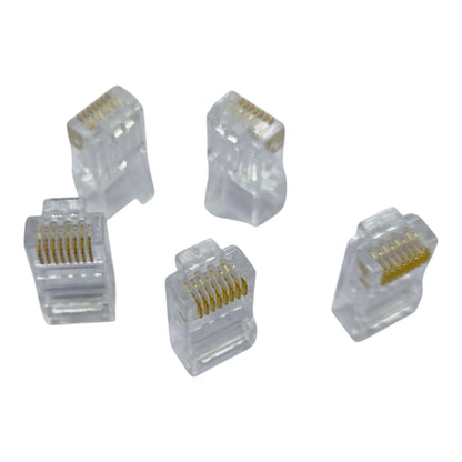 Five clear RJ45 network module connectors with gold-plated pins, arranged on a plain white background.