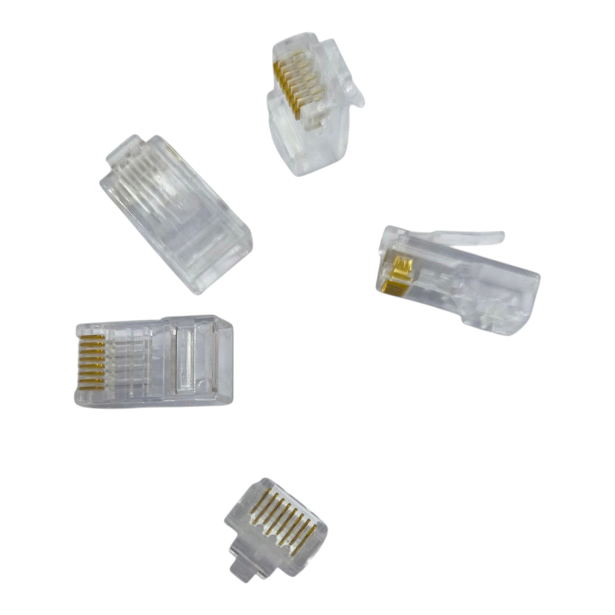 Five clear RJ45 network ethernet connectors with gold-plated pins, arranged on a plain white background.
