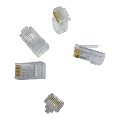 Five clear RJ45 network ethernet connectors with gold-plated pins, arranged on a plain white background.