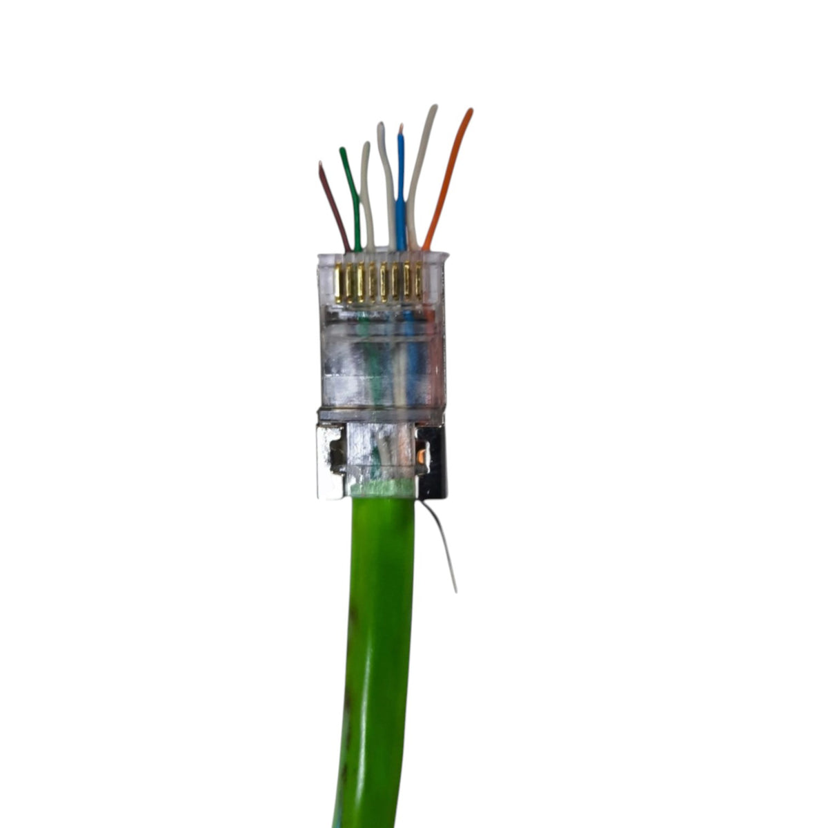 A close-up of a green Ethernet cable showing the RJ45 connector end with eight colored internal wires exposed, on a plain white background.