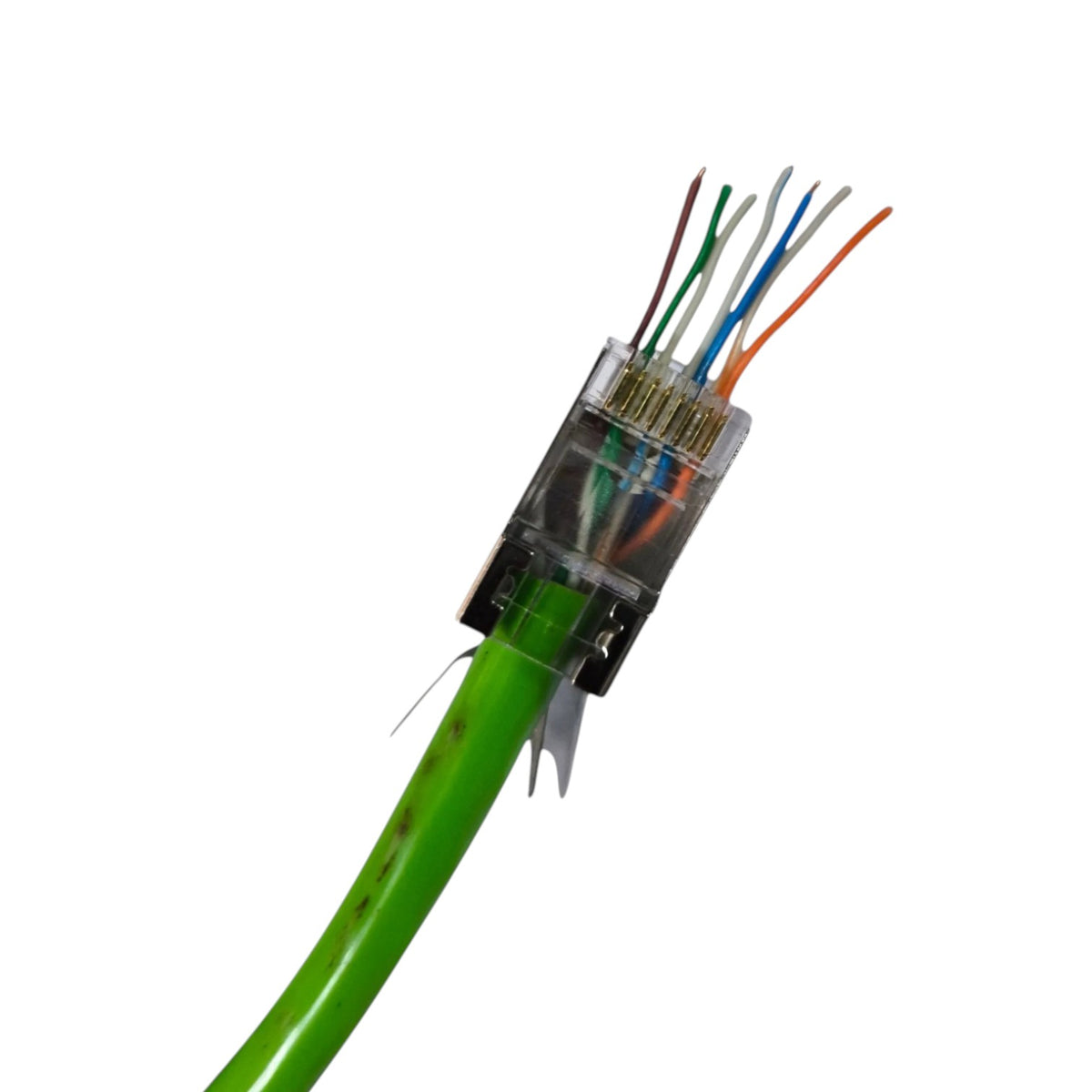 A close-up of a green Ethernet cable connector showing the RJ45 plug with exposed multicolored wire pairs inside a clear plastic housing, isolated on a white background.
