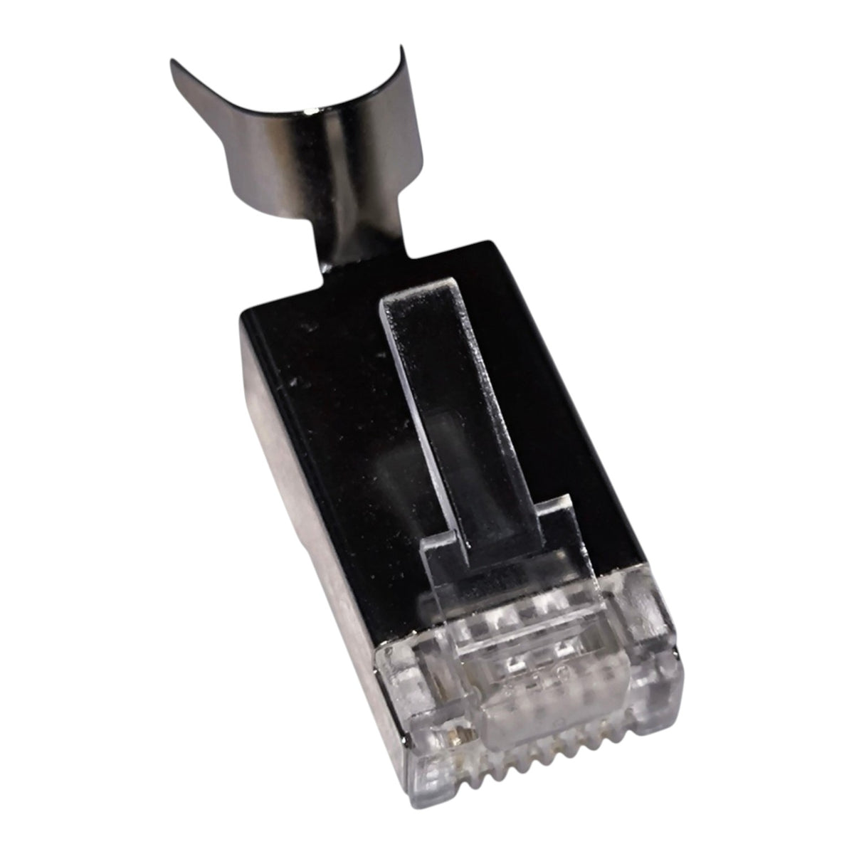 A single RJ45 Ethernet network connector with a black plastic housing, clear plastic locking tab, and a black metal mounting clip on a plain white background.