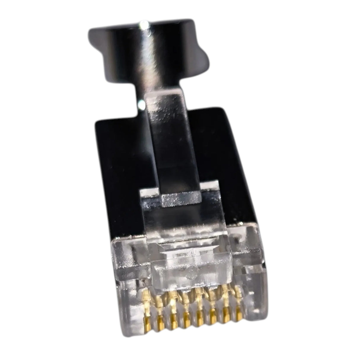 A single RJ45 Ethernet connector with a black locking tab, clear plastic housing, and gold-plated pins, shown on a plain white background.