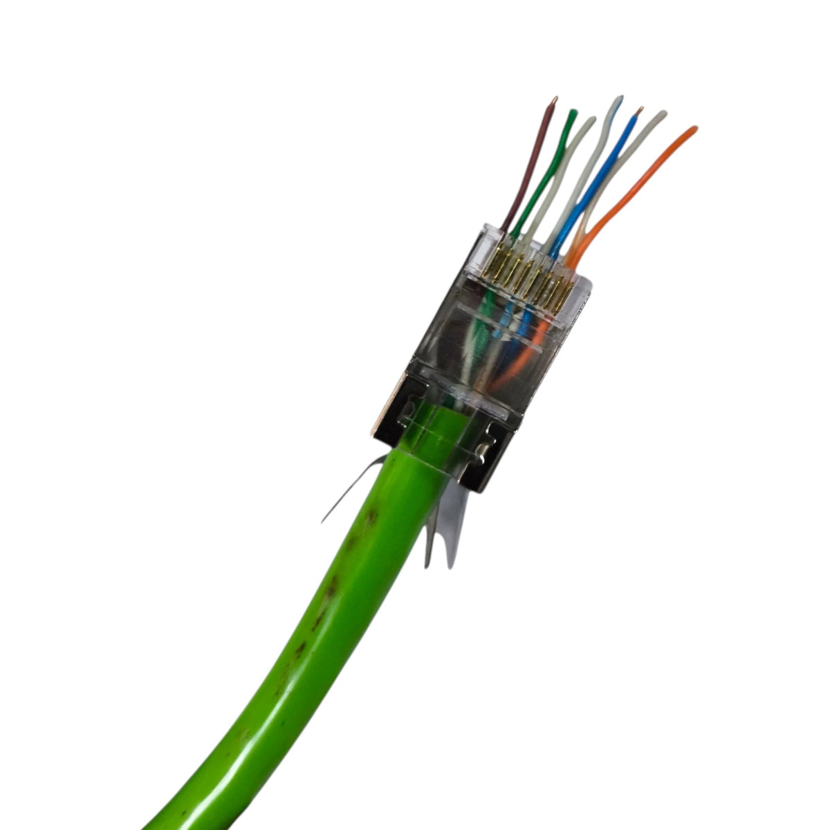 A close-up of a green Ethernet cable with a RJ45 connector showing multiple colored internal wires, isolated on a white background.