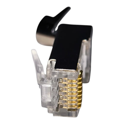 RJ45 Ethernet network connector with gold-plated pins, clear plastic housing, and a black locking tab, shown on a white background.