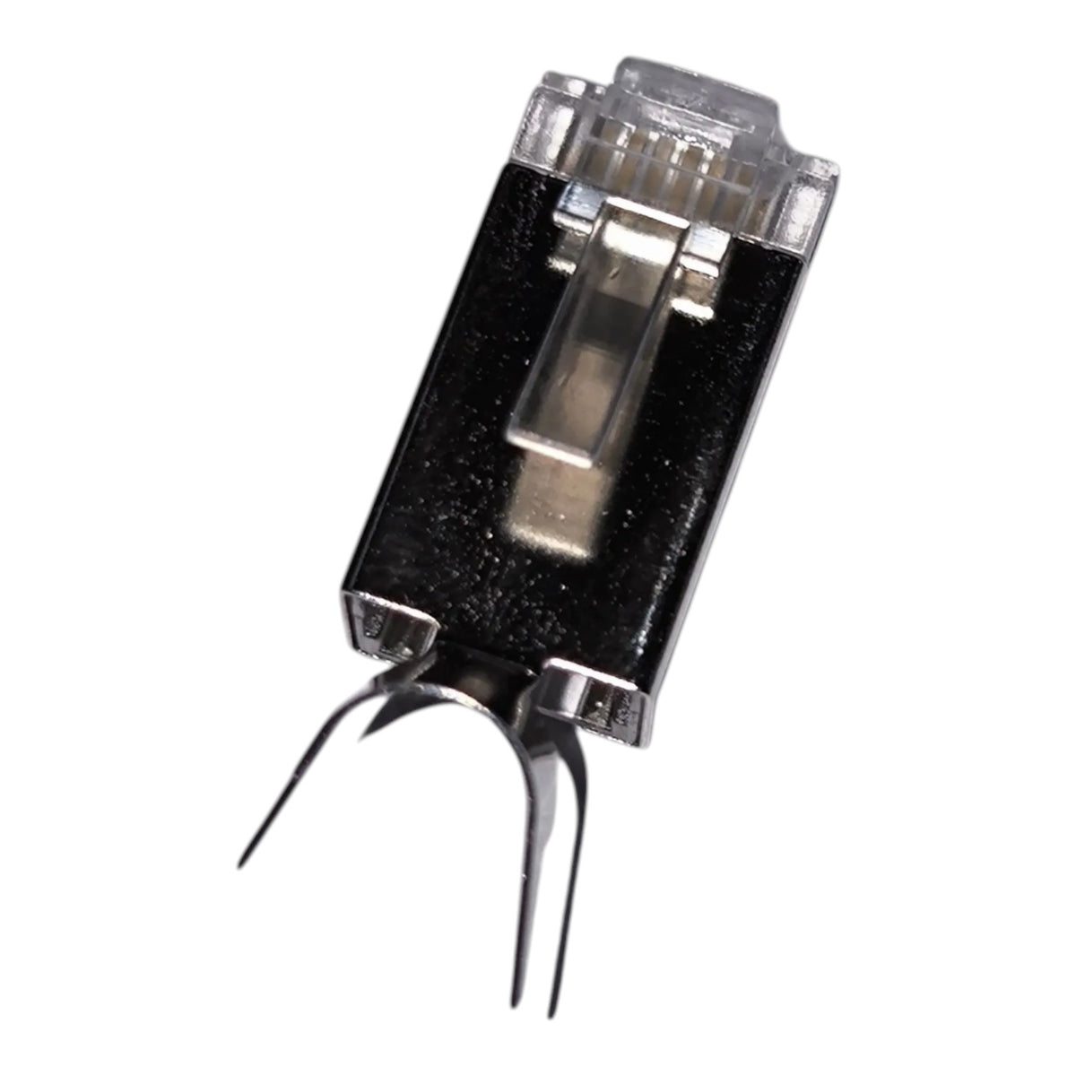 A small black electronic component with a clear plastic top cover and two metal pins extending downward, shown on a plain white background.