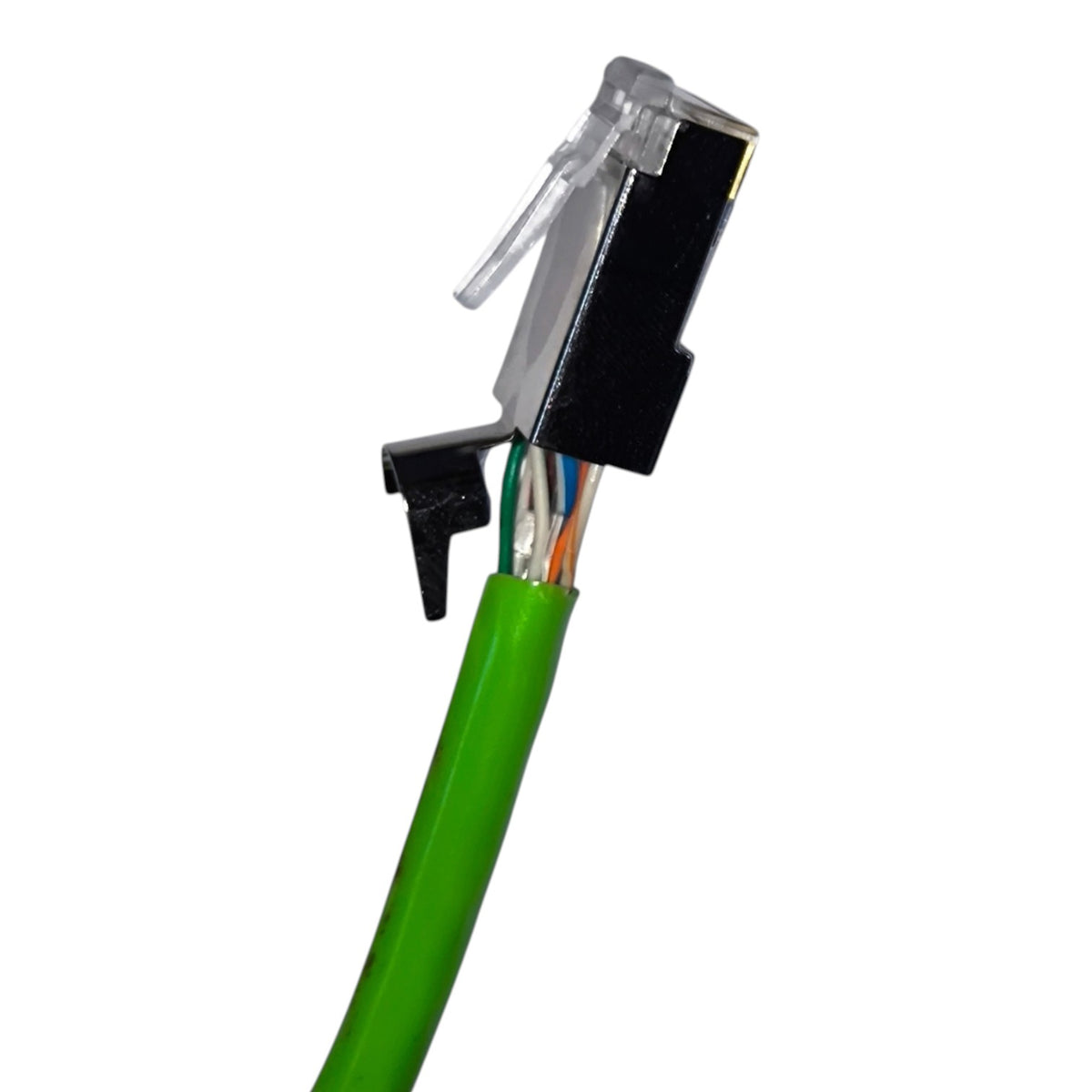 A close-up of a green Ethernet cable with a RJ45 connector, showing the black plastic plug body, clear protective cover, and internal colored wires on a white background.