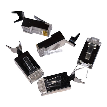 Five RJ45 Ethernet network connectors shown from different angles on a plain white background.