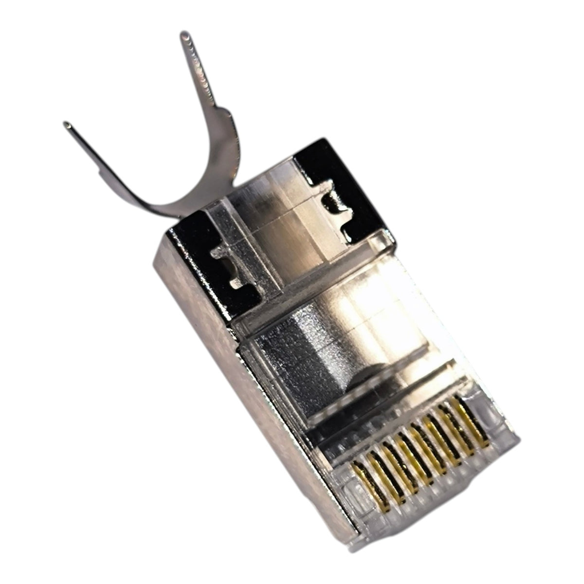 A single RJ45 Ethernet connector module with a gold-plated pin array and a silver metal locking tab, isolated on a white background.