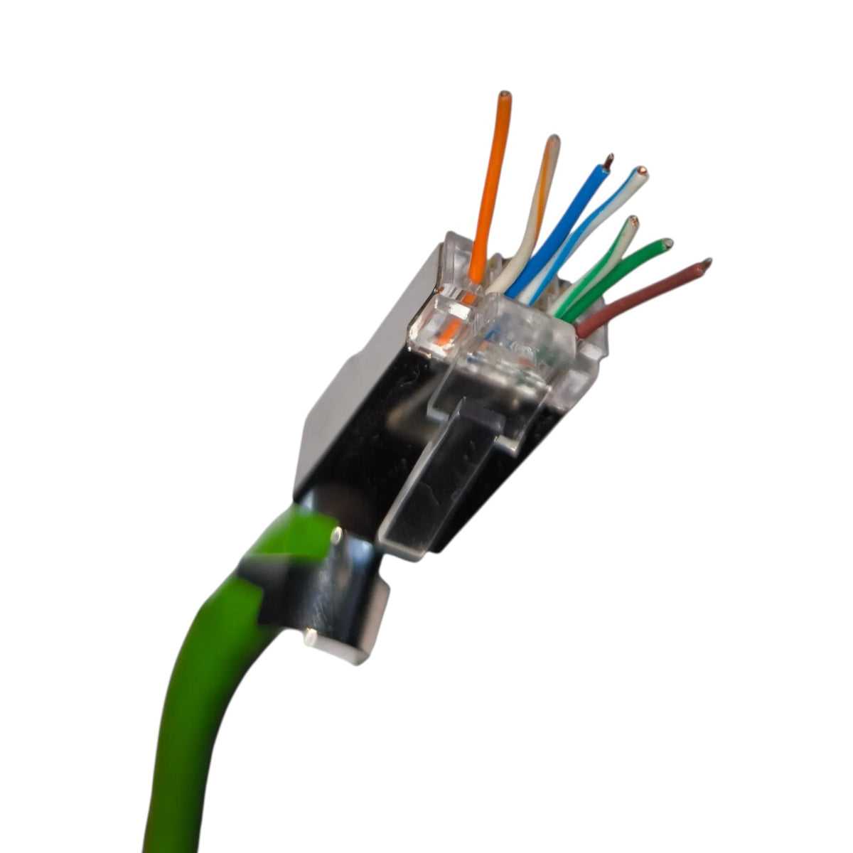 A close-up of a green Ethernet cable connector showing the internal RJ45 plug with eight colored wires exposed, set against a plain white background.
