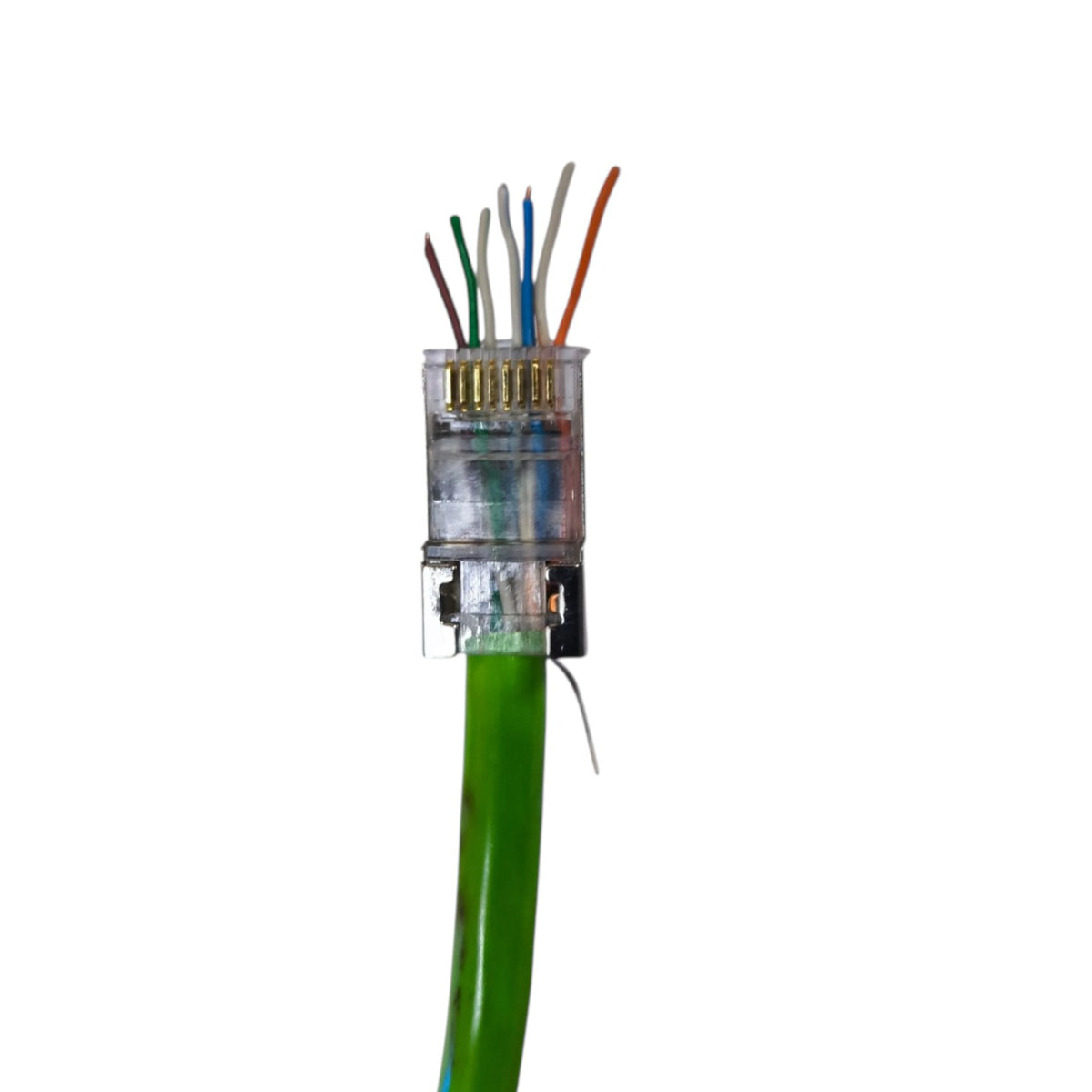 A close-up of a green Ethernet cable with a RJ45 connector, showing eight colored wire pairs inside a clear protective housing on a white background.