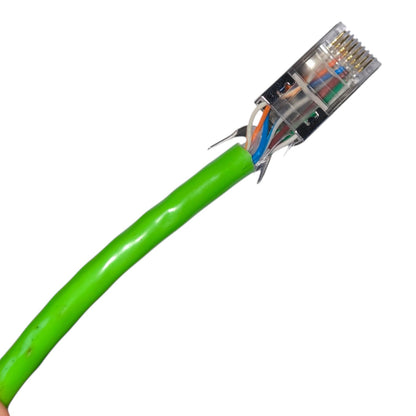 A close-up of a green Ethernet cable with a stripped RJ45 connector showing the internal twisted wire pairs, on a plain white background.