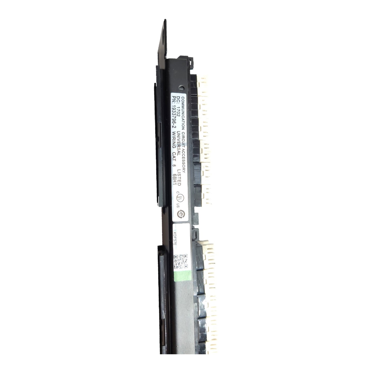 A long, narrow black electronic component or module with printed labels and gold-toned connector pins along one side, shown vertically on a plain white background.