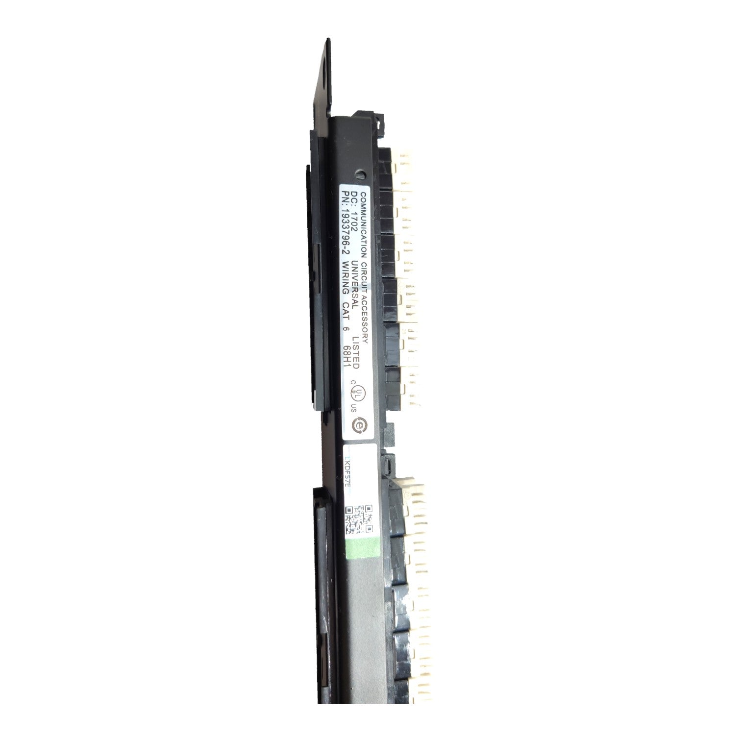 A long, narrow black electronic component or module with printed labels and gold-toned connector pins along one side, shown vertically on a plain white background.