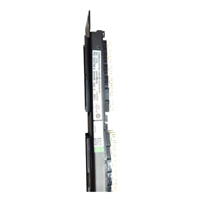 A long, narrow black electronic component or module with printed labels and gold-toned connector pins along one side, shown vertically on a plain white background.
