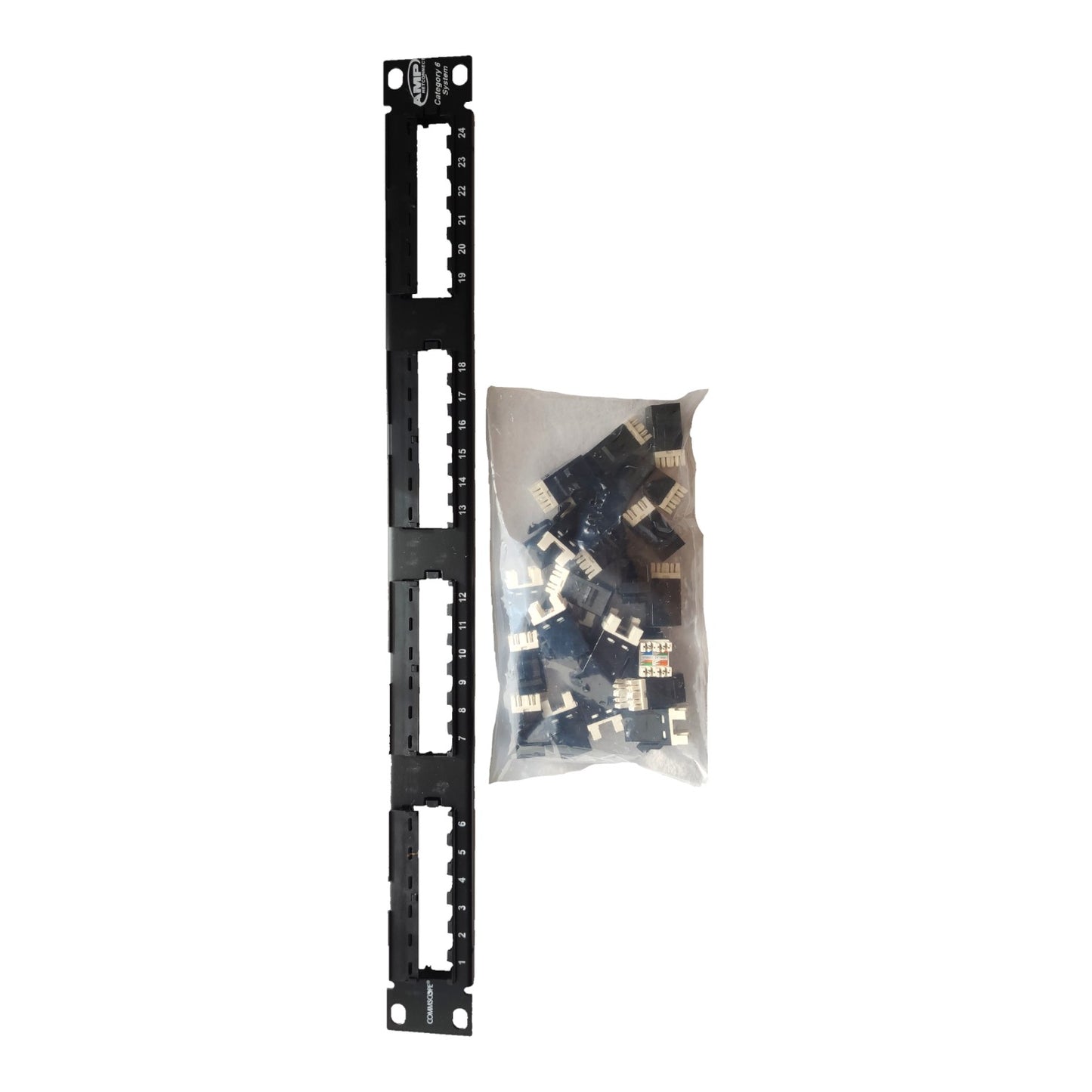 A black metal rack panel shown next to a clear plastic bag filled with small black electronic components, photographed on a plain white background.