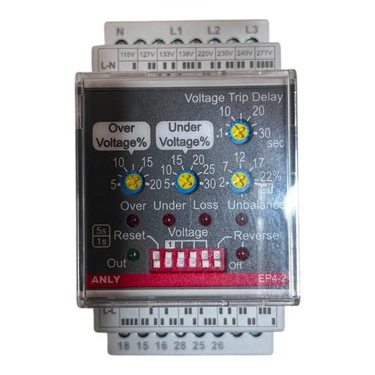 ANLY EP4-2 voltage trip delay relay with adjustable over and under voltage settings, shown on a white background.
