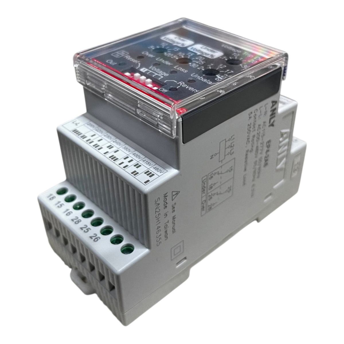 An analog electrical relay module with a clear protective cover, black internal components, and a white plastic housing with terminal blocks, shown on a white background.
