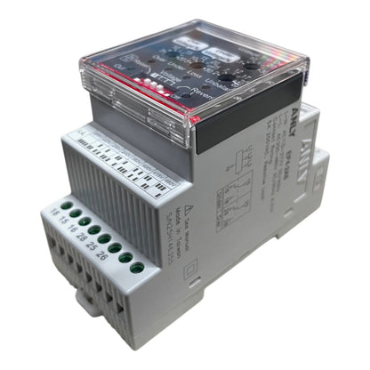 An analog electrical relay module with a clear protective cover, black internal components, and a white plastic housing with terminal blocks, shown on a white background.
