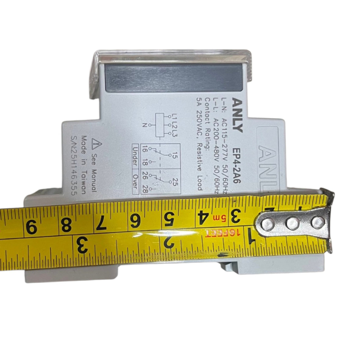A white ANLY EP4-2A6 electrical contact relay shown on a white background with a yellow tape measure placed along the bottom edge to indicate size.