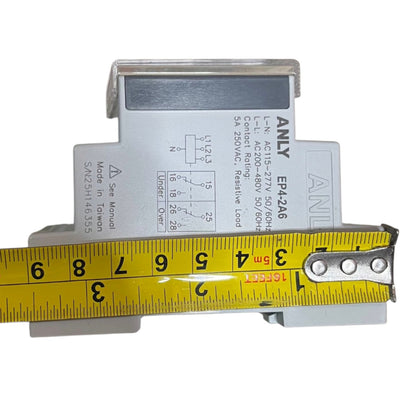 A white ANLY EP4-2A6 electrical contact relay shown on a white background with a yellow tape measure placed along the bottom edge to indicate size.