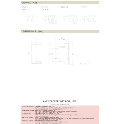Technical specification sheet and dimension diagram for an electronic module, showing connection pinout diagrams, physical dimensions in millimeters, and company contact information for ANY ELECTRONICS CO., LTD.