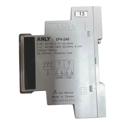 Anly EP4-2A6 electrical contact module, model SA25H146355, featuring a silver metal housing with technical specifications and a black terminal cover on the left side.