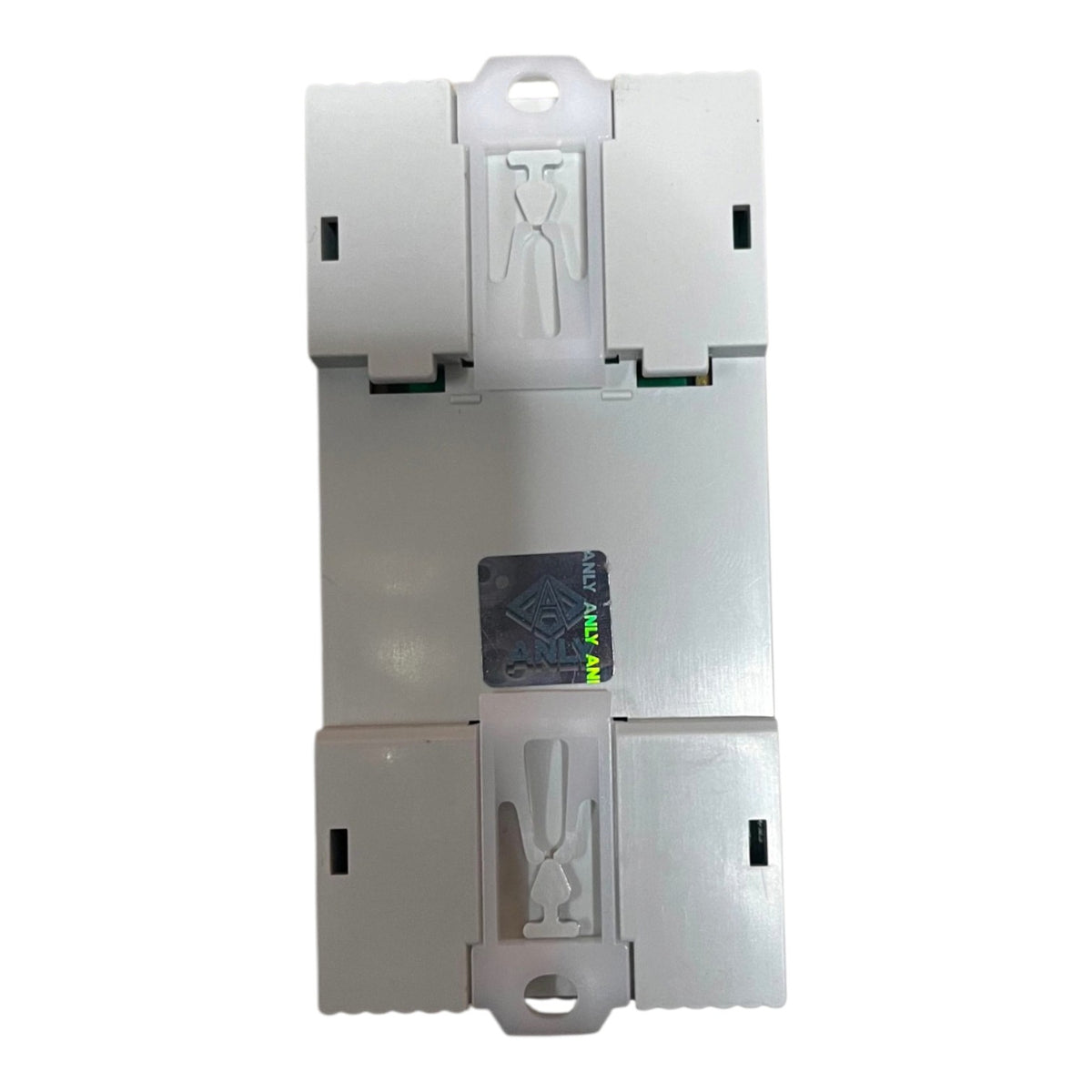 A silver metal electrical terminal block connector with two halves, featuring a small black and green sticker in the center, isolated on a white background.
