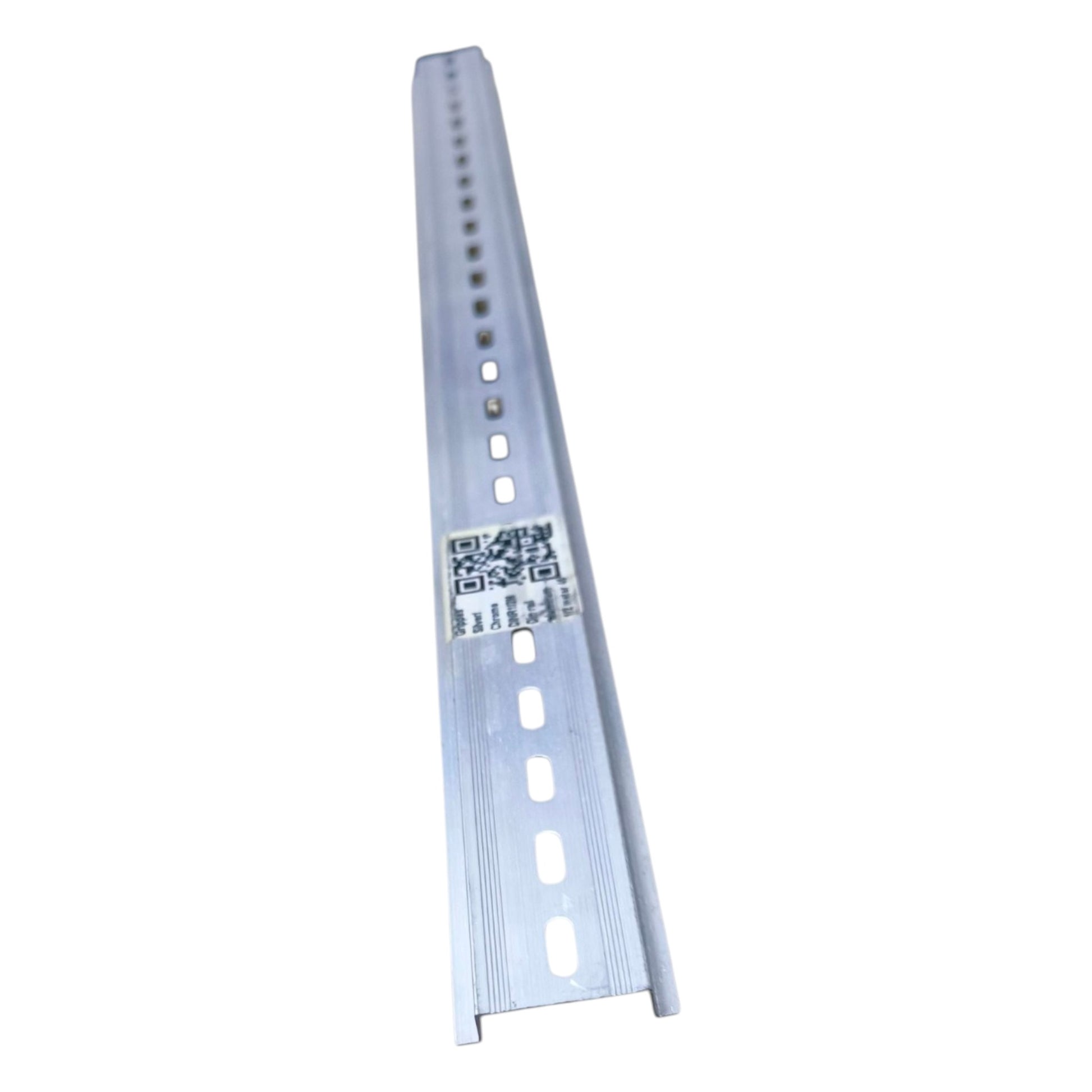 White plastic strip with multiple holes and a QR code on a white background