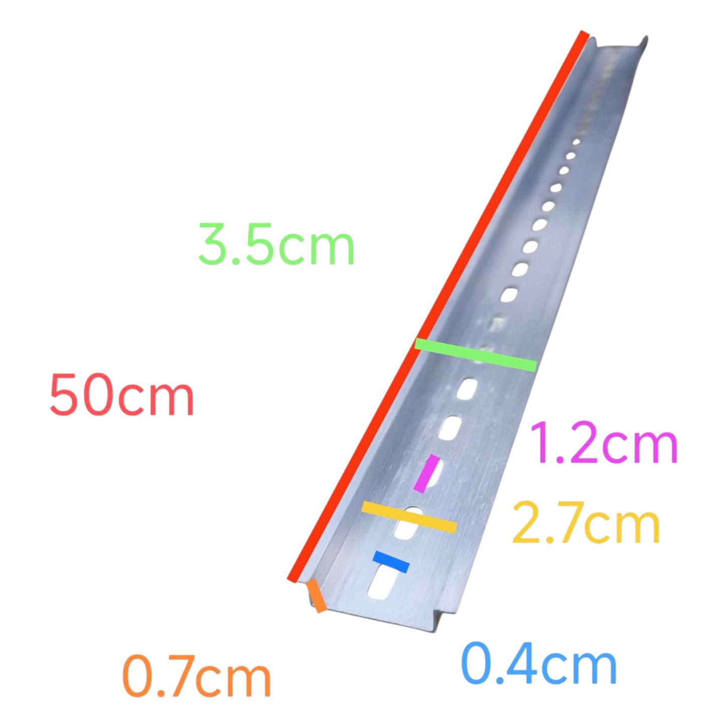 Metal profile with measurements marked on a white background