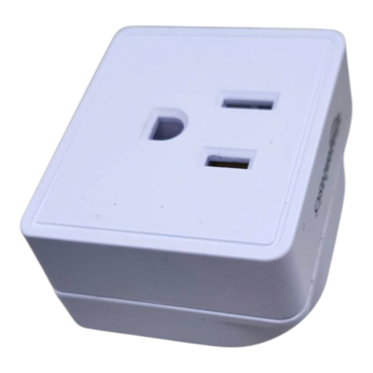 A white plastic US wall outlet travel adapter with a small side port, shown on a plain white background.