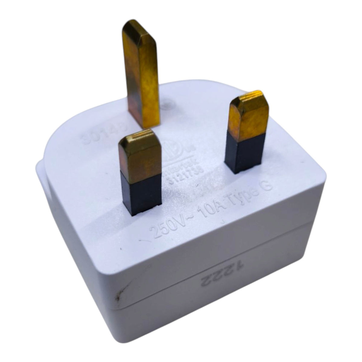 A white UK three-pin wall plug adapter with gold and black metal prongs, shown on a plain white background.