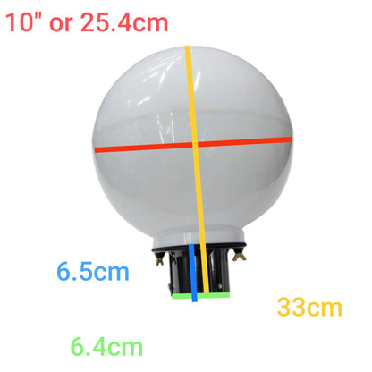 A frosted white globe light bulb with dimension annotations showing a height of 10 inches (25.4 cm), a diameter of 6.