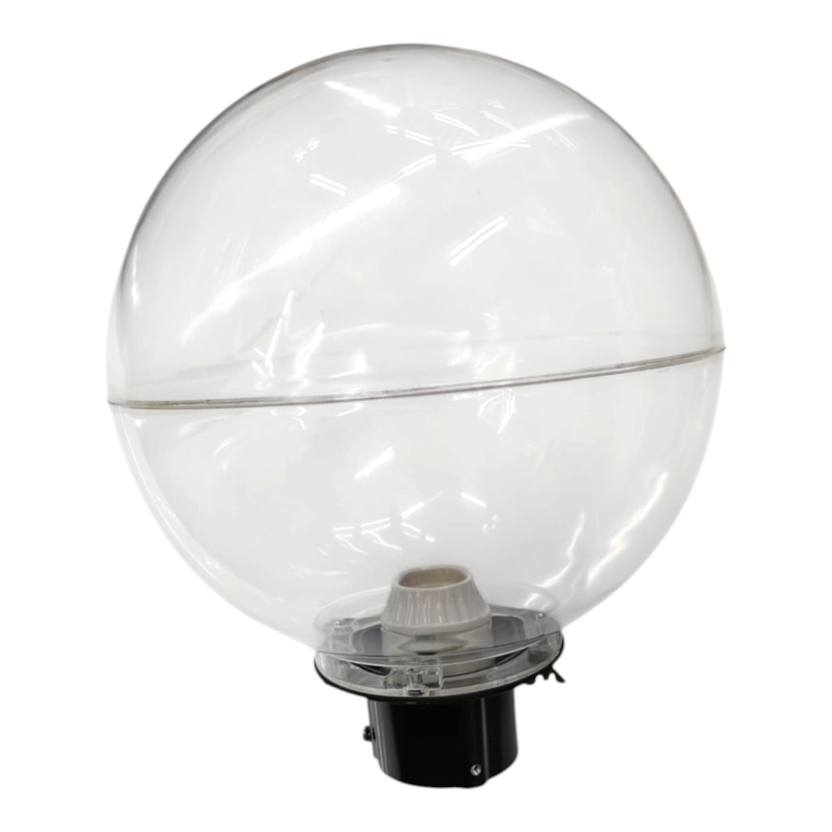 A clear spherical globe light fixture with a transparent dome and a black base, shown against a plain white background.