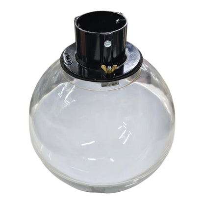 A clear glass globe lamp shade with a black metal collar and socket assembly on top, shown against a plain white background.