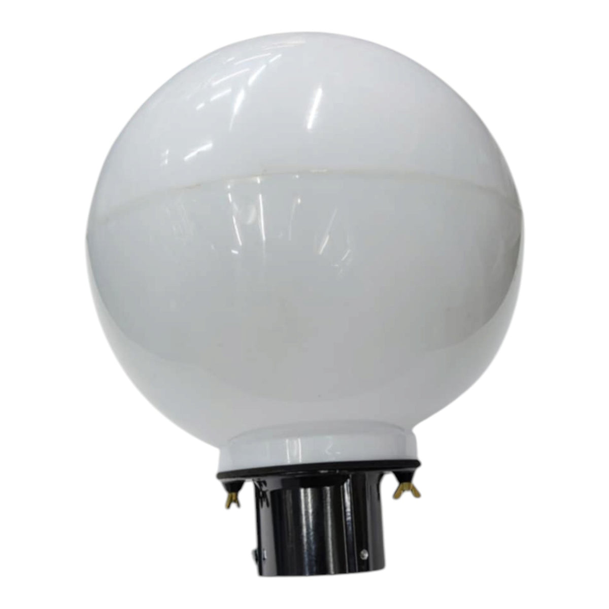 A spherical white globe light fixture with a black metal base, shown against a plain white background.