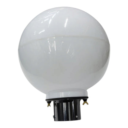 A spherical white globe light fixture with a black metal base, shown against a plain white background.