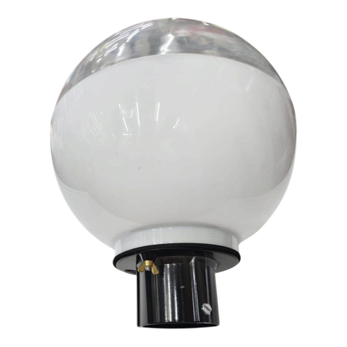 A spherical outdoor light fixture with a frosted white glass globe shade, a clear upper dome, and a black metal socket base, shown against a plain white background.
