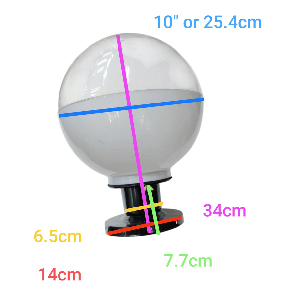 A clear spherical outdoor light fixture with a black base, overlaid with colored measurement lines and text labels showing dimensions including 10" or 25.4cm, 34cm, 6.