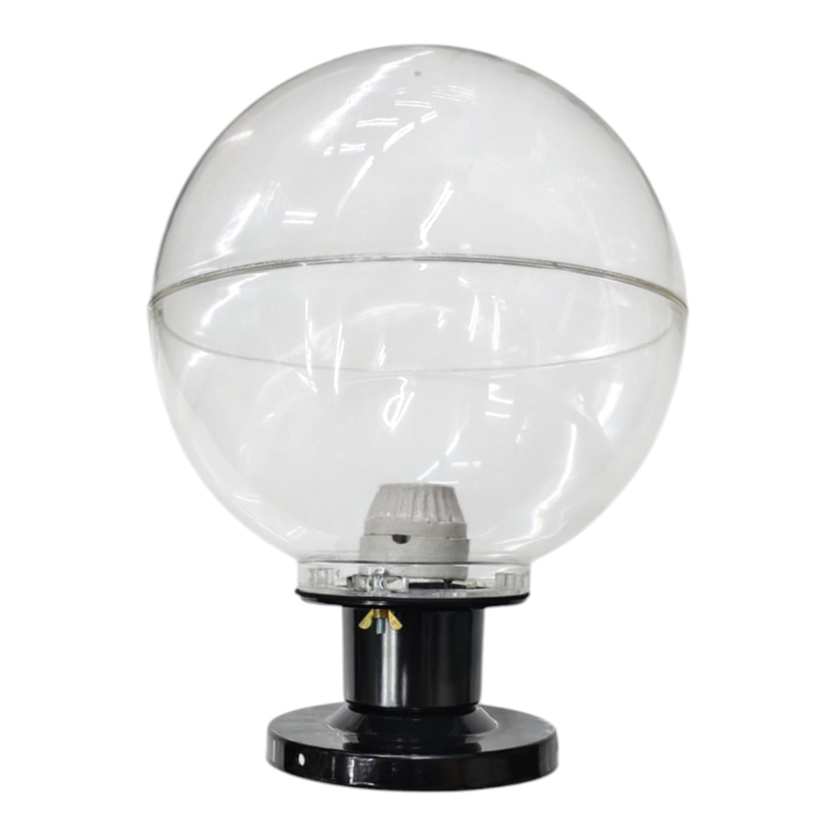 A clear spherical outdoor light globe with a black base, shown against a plain white background.