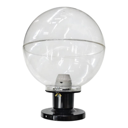 A clear spherical outdoor light globe with a black base, shown against a plain white background.